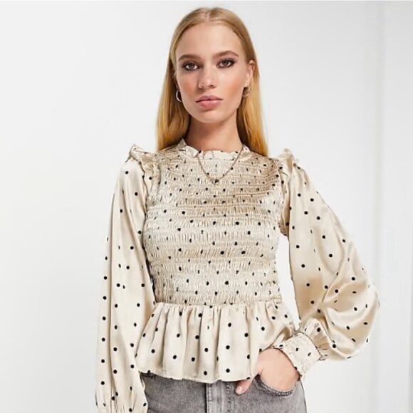 ASOS Smoked Black Velvet Spots on Taupe Long Sleeves Sz 8 Topshop - Picture 1 of 7